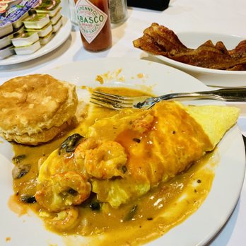 Ema's Cafe - Seafood omelette, biscuit and bacon - Cafes Near Me - Lafayette, Louisiana