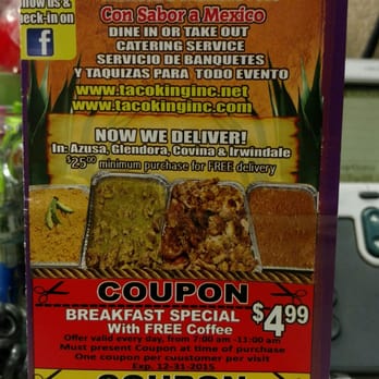 Taco King - Front of menu. Address/phone. August 2016. - Mexican Near Me - Azusa, California Taco King - Front of menu. Address/phone. August 2016. - Mexican Near Me - Azusa, California