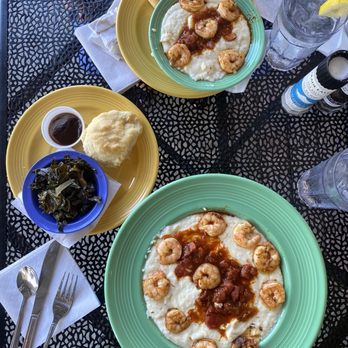 The Flying Biscuit Cafe - Shrimp and grits with a side of vegan collard greens - Breakfast & Brunch Near Me - Birmingham, Alabama The Flying Biscuit Cafe - Shrimp and grits with a side of vegan collard greens - Breakfast & Brunch Near Me - Birmingham, Alabama