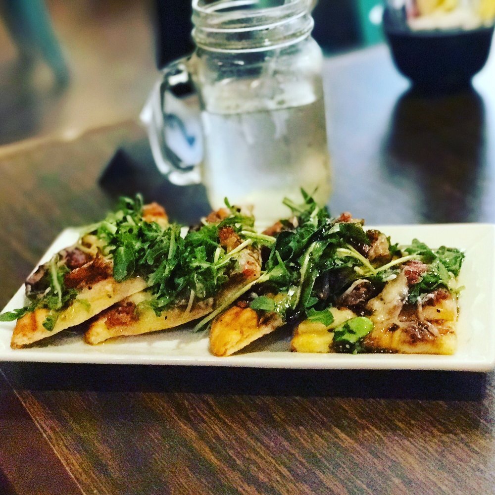 Flatbread - Pear, bacon, cheese, arugula and balsamic dressing. It was so good. Flatbread - Pear, bacon, cheese, arugula and balsamic dressing. It was so good.