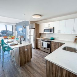 66 Summer Street - Modern kitchen with white cabinetry and island seating