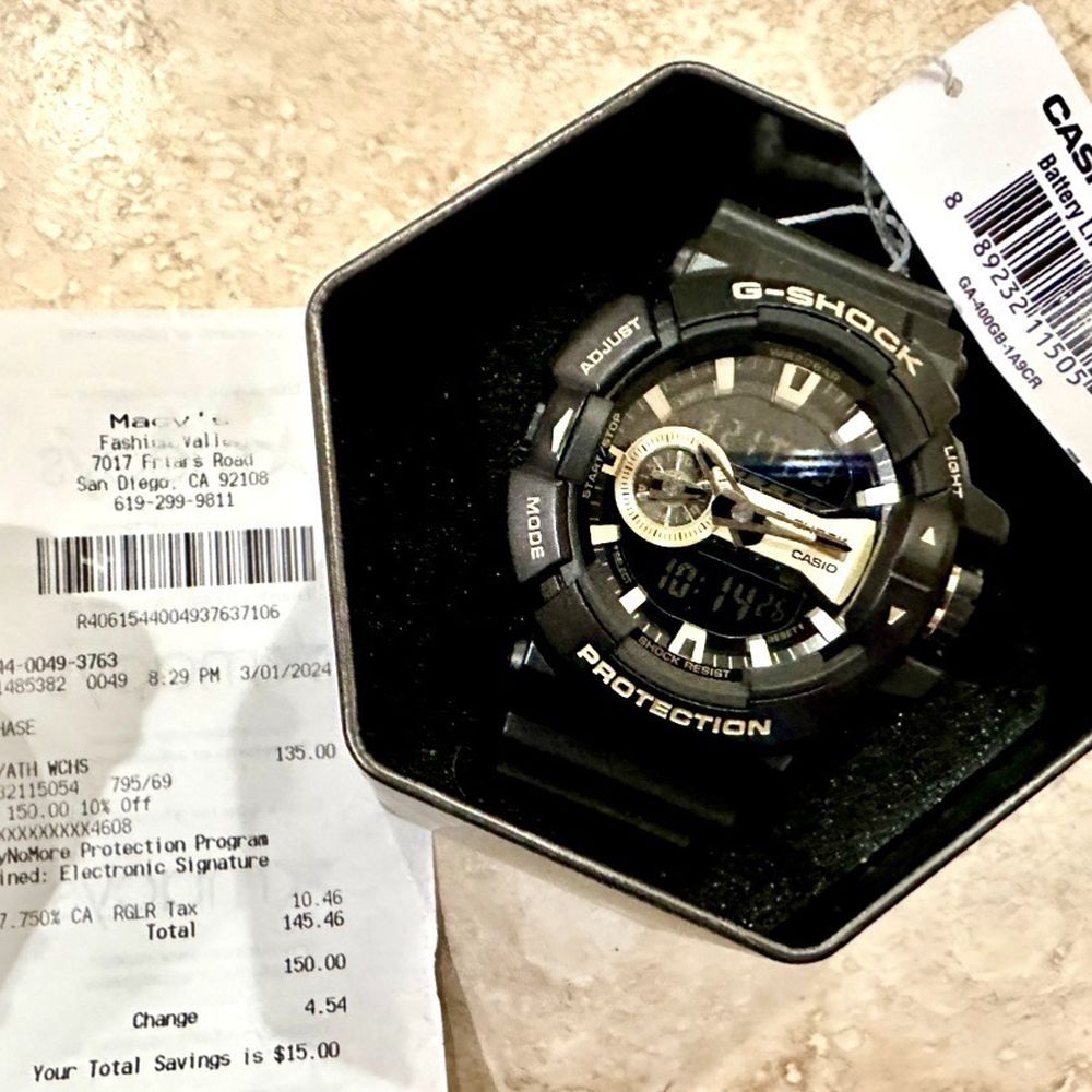 My recent purchased at Macys for my Sons G-shock watch w/ Military promo discount . 200 M water resistance & shock resistant