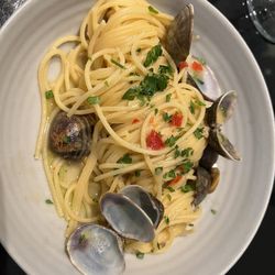 Il Giardino Restaurant - Spaghetti w/clams (note, 1 clam & many shells). Oh, after 2 complaints the kitchen said, that's how we serve it. Other food good & wine too.