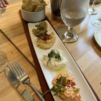 Avli on The Park - Sampler Spreads: spicy feta, Tzatziki, Hummus, baba ganoush - Greek Near Me - Chicago, Illinois