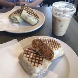 Coastal Coffee - Butter chicken wrap, iced chai latte