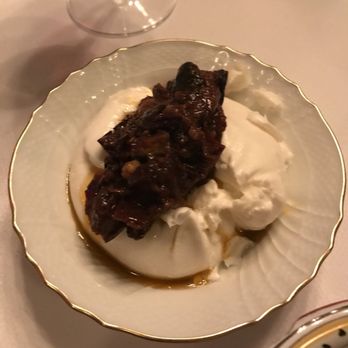 Carbone - Burrata with eggplant caponata on top - Italian Near Me - New York, New York Carbone - Burrata with eggplant caponata on top - Italian Near Me - New York, New York
