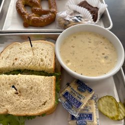 Five Loaves - Chicken salad sandwich on sour dough with chicken chili soup and my pretzel in the background