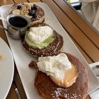 Bea Bea’s - pancake flight. Blue Hawaiian, green tea monster, Thai tea pancakes (right to left) - Coffee & Tea Near Me - Glendale, California Bea Bea’s - pancake flight. Blue Hawaiian, green tea monster, Thai tea pancakes (right to left) - Coffee & Tea Near Me - Glendale, California