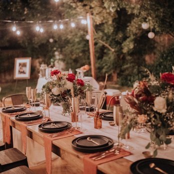 Olgas Rustic Rental - Farm house table, black meta chairs, ceramic plates, drink ware, utensils, linen, and string lights. - Party Equipment Rentals Near Me - Sacramento, California Olgas Rustic Rental - Farm house table, black meta chairs, ceramic plates, drink ware, utensils, linen, and string lights. - Party Equipment Rentals Near Me - Sacramento, California