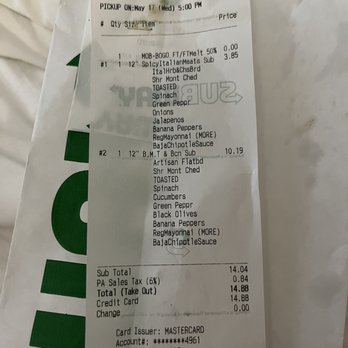 Subway - a receipt for a subway ride - Fast Food Near Me - New Stanton, Pennsylvania