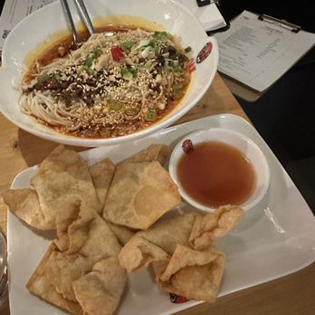 Chiho Bistro - Crab Rangoon ($6), Dan Dan Kurobuta Pork Chili Oil Noodles ($8) - Noodles Near Me - Seattle, Washington Chiho Bistro - Crab Rangoon ($6), Dan Dan Kurobuta Pork Chili Oil Noodles ($8) - Noodles Near Me - Seattle, Washington