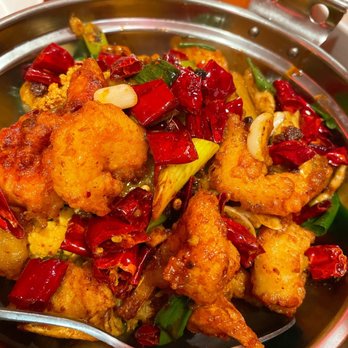 Mala Sichuan Bistro - Dry Pot Prawns (12) - veggie/filler underneath - Szechuan Near Me - Katy, Texas Mala Sichuan Bistro - Dry Pot Prawns (12) - veggie/filler underneath - Szechuan Near Me - Katy, Texas