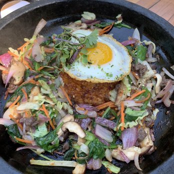 Kitchen Story - Stonepot with Galbi | Served on a hot stone pot, smokey chilli sauce, rice, fried egg, and vegetables. Mix liberally and dig in! - Breakfast & Brunch Near Me - Oakland, California