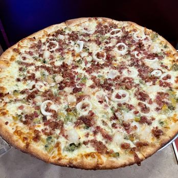 Seymour Train Station Pizza - "Seafood Pizza" (clams, shrimp, calamari with white sauce) with bacon added to make it 'casino-style'. - Pizza Near Me - Seymour, Connecticut