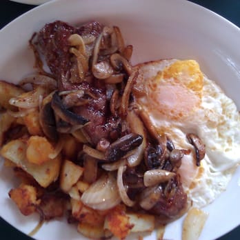 Scrambles Restaurant - 6 oz. striploin, 2 eggs, homefries, & toast (not shown). spend the extra $1.49 for the onions & mushrooms! - Breakfast & Brunch Near Me - Ajax, Ontario