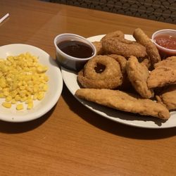 Peppermints - Chicken fingers with onion rings and corn.