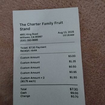 The Charter Family Fruit Stand - August 13 receipt - Fruits & Veggies Near Me - Williams, California The Charter Family Fruit Stand - August 13 receipt - Fruits & Veggies Near Me - Williams, California