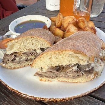 peasants FEAST - French dip sandwich with crispy potatoes - so good - American Near Me - Solvang, California peasants FEAST - French dip sandwich with crispy potatoes - so good - American Near Me - Solvang, California