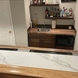 European butcher block counter top at wet bar