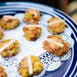 Corncake passed hors d'ouevres with red pepper rouille and crisp apple (photo by Simone Anne Photography)