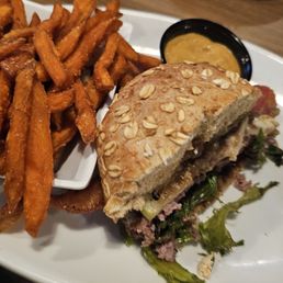 Applewood Burger with Sweet Potato Fries and Pumpkin Sauce Applewood Burger with Sweet Potato Fries and Pumpkin Sauce