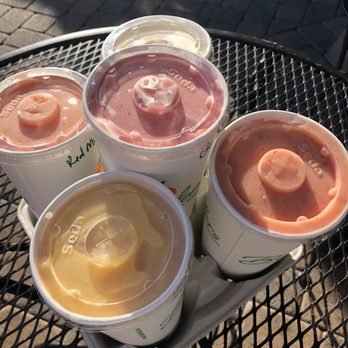 Blenders In the Grass - Red Mango (corner left, bottom right) Tropical mango (bottom left), tropical guava (center), peanut butter (top right) - Juice Bars & Smoothies Near Me - Goleta, California Blenders In the Grass - Red Mango (corner left, bottom right) Tropical mango (bottom left), tropical guava (center), peanut butter (top right) - Juice Bars & Smoothies Near Me - Goleta, California