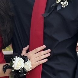 Corsage with 2 white roses and 1 rose boutonnière