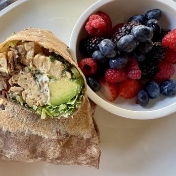 Cafe Gratitude - Black tempeh wrap and fruit - Vegan Near Me - Venice, California
