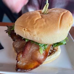 The Surly Mermaid - Peanut Butter Burger (comes with bacon and fried banana peppers) - amazing flavor!