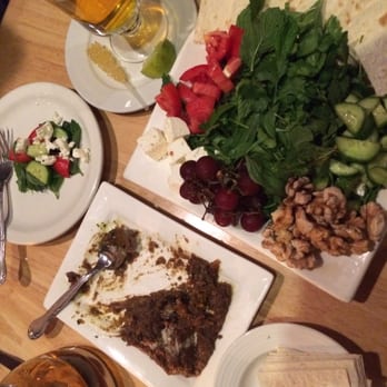 Lavash - Eggplant app on the bottom, fresh herb and cheese plate on top. Divine! - Persian/Iranian Near Me - San Francisco, California