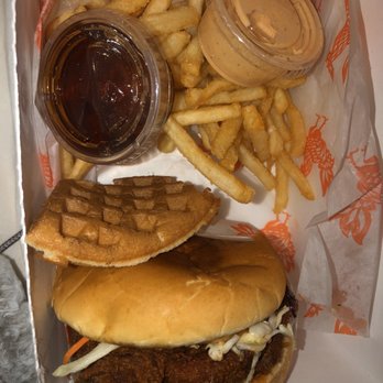 Cluck & Blaze - Main Chick with a sample of their waffles with syrup :) - Chicken Shop Near Me - Long Beach, California Cluck & Blaze - Main Chick with a sample of their waffles with syrup :) - Chicken Shop Near Me - Long Beach, California