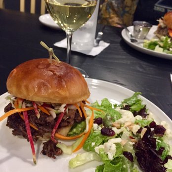 Tano Bistro - Pulled Pork with mini bistro side salad and a Chardonnay - New American Near Me - Hamilton, Ohio Tano Bistro - Pulled Pork with mini bistro side salad and a Chardonnay - New American Near Me - Hamilton, Ohio