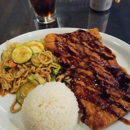 Don katsu lunch special with white rice and stir fried veggies with noodles Don katsu lunch special with white rice and stir fried veggies with noodles