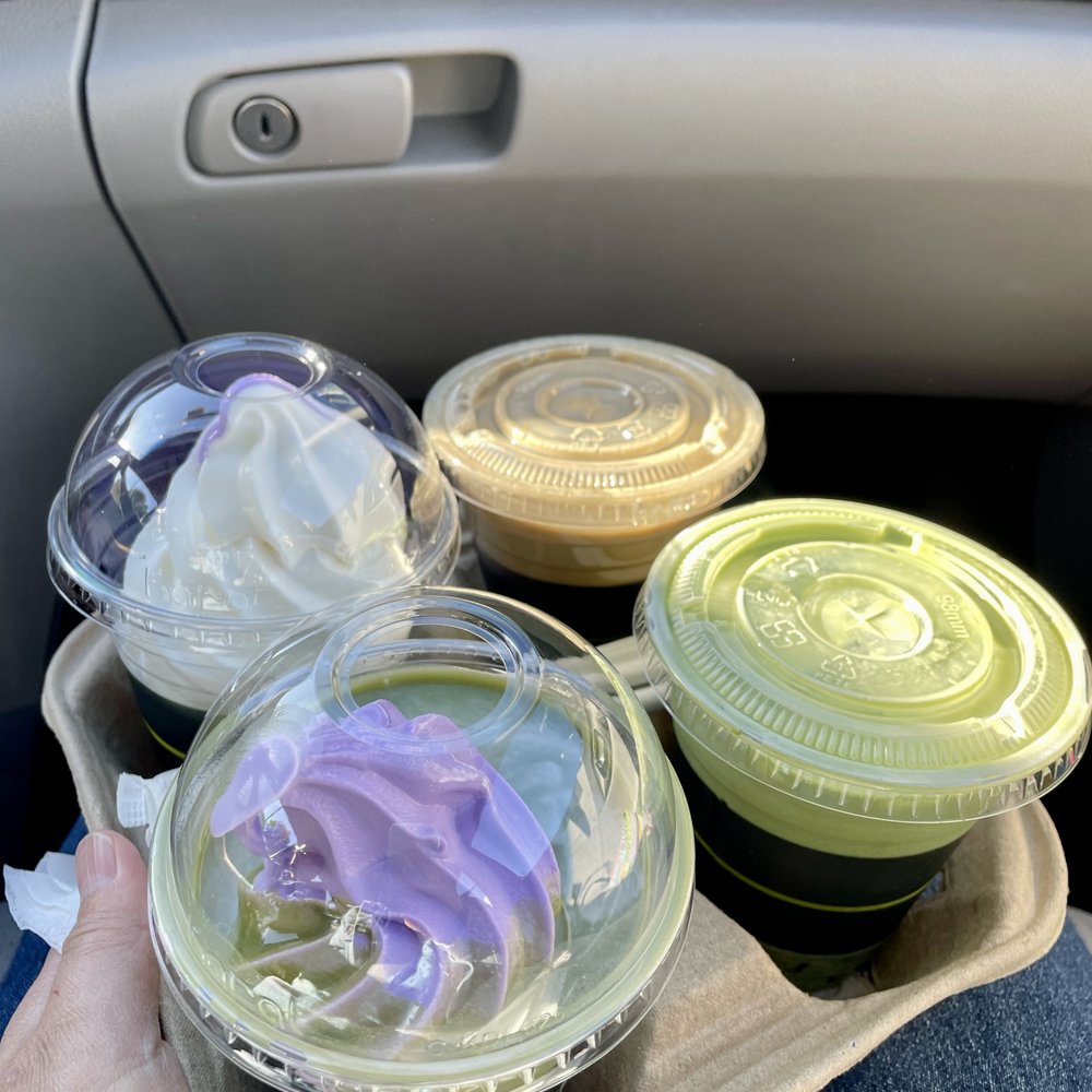 Matcha Café Maiko - Matcha latte float w/ ube ice cream, ube and Calpico soft serve, kokuto hojicha latte w/ almond milk, kokuto matcha kuromitsu kinako latte - Bubble Tea Near Me - Boston, Massachusetts