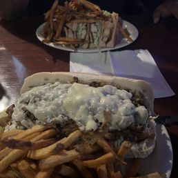 10 oz. Chicken Cheese Steak Shrimp Salad Sandwich with crabcake and fries