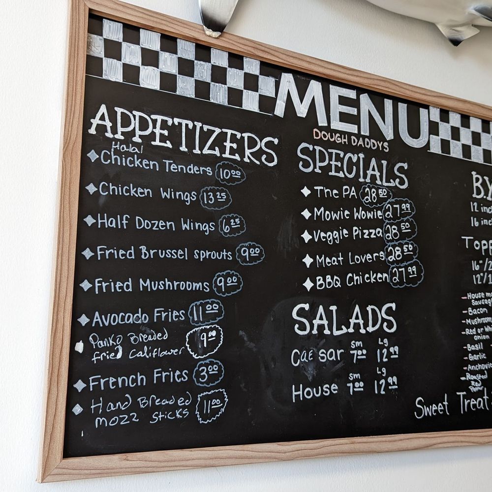 Dough Daddy's Pizza - a menu on a blackboard - Pizza Near Me - Westmont, Illinois