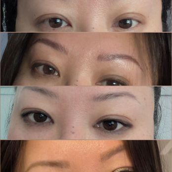Mila Aesthetics  - T to B: 1) Before, no makeup brows. 2) 3-days post appt. 3) About 4 weeks post-appt. 4) Fully healed, with tiny bit of brow powder. - Permanent Makeup Near Me - Las Vegas, Nevada