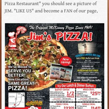 Jim's Pizza - Get 1/2 off buffet with purchase of buffet and drink - Pizza Near Me - McKinney, Texas Jim's Pizza - Get 1/2 off buffet with purchase of buffet and drink - Pizza Near Me - McKinney, Texas