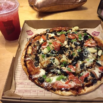 MOD Pizza - Bruh!!! Bbq with red sauce, garlic, mushrooms, tomatoes, bell pepper, olives, arugula, and basil! - Pizza Near Me - Houston, Texas