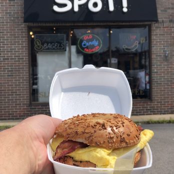 SPoT! - Bacon, egg and cheese on a toasted Onion bagel. Yum!! - Bagels Near Me - Norwood, Massachusetts SPoT! - Bacon, egg and cheese on a toasted Onion bagel. Yum!! - Bagels Near Me - Norwood, Massachusetts