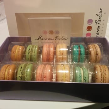 Macaron Parlour - Left to right: Honey and cognac. Pistachio. Strawberry. Creme brulee. Earl gray(top)/apple cider (bottom). Tiramisu. - Bakeries Near Me - New York, New York