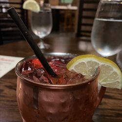 Cheers Bistro - Strawberry pineapple mule. Strawberry infused whipped vodka, muddled limes and strawberries, pineapple juice, ginger beer. Delicious!