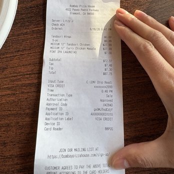 Bombay Pizza House - Receipt - Pizza Near Me - Fremont, California Bombay Pizza House - Receipt - Pizza Near Me - Fremont, California