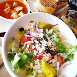 Tomato soup, frontega chicken panini, greek salad. Tomato soup, frontega chicken panini, greek salad.