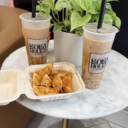 Brown Sugar Milk Tea and medium pot stickers