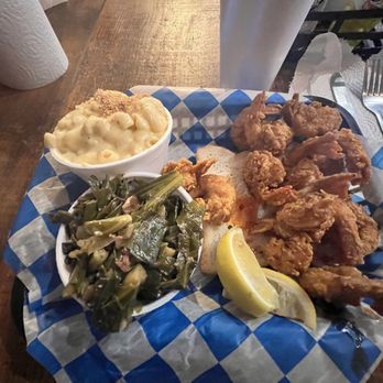 Porch - Novice fried shrimp with Mac and cheese and JB'S COLLARDS - Southern Near Me - Saint Simons Island, Georgia Porch - Novice fried shrimp with Mac and cheese and JB'S COLLARDS - Southern Near Me - Saint Simons Island, Georgia