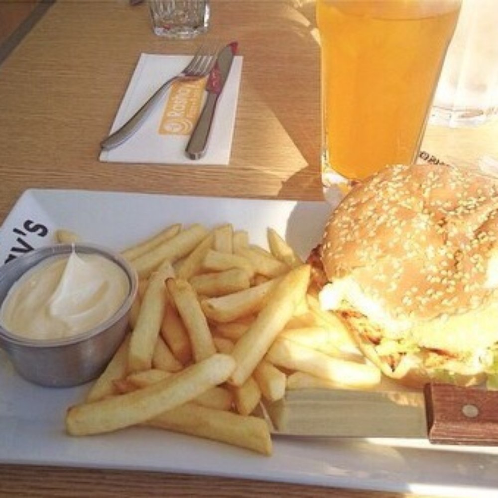 Crumbed chicken burger with chips and aoili only $15 Crumbed chicken burger with chips and aoili only $15