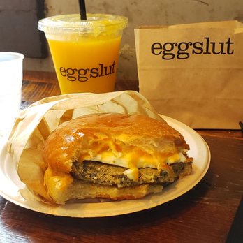Eggslut - Orange juice and egg cheese sausage sandwich - Breakfast & Brunch Near Me - Los Angeles, California