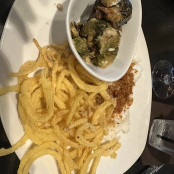 110 Grill - Baked Cod, side onion straws, brussel sprouts - New American Near Me - Woburn, Massachusetts