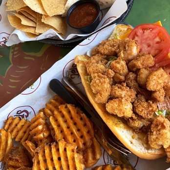 The Spot - Shrimp po boy w cheddar cheese and fries Fish tacos and chips - Burgers Near Me - Galveston, Texas The Spot - Shrimp po boy w cheddar cheese and fries Fish tacos and chips - Burgers Near Me - Galveston, Texas